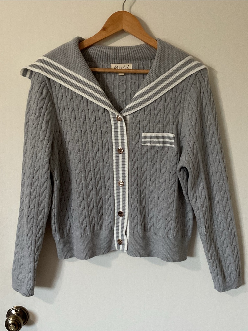 Marled Anthropologie Cable Knit Preppy Sailor Collar Cardigan Gold Buttons Sz L